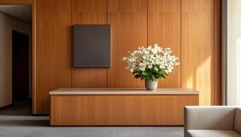Elegant Floral Arrangement on a Modern Table Interior Setting Copyspace Background photo