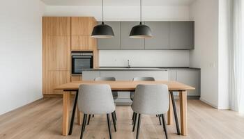 Modern Kitchen Design with Wooden Table Minimalist Style Bright Background Copyspace photo