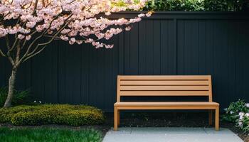 Serene Garden Bench under Cherry Blossoms Tranquil Outdoor Space Background with Copyspace photo