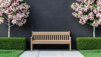 Serene Park Bench Surrounded by Blossoming Trees Urban Garden Image Background Copyspace photo
