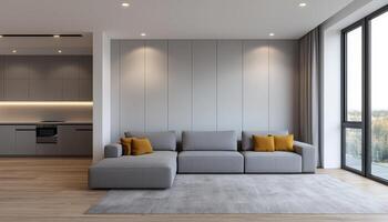 Modern Living Room Design with Gray Sofa Urban Apartment Interior Photo Bright Background Copyspace