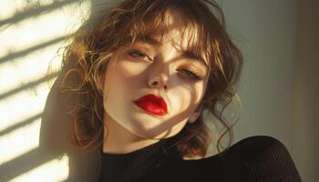 Portrait of a Woman with Red Lips Indoor Natural Light Photography Soft Background Copyspace photo