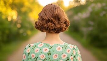 Woman with Curly Hair Walking Down a Scenic Path Nature Background Copyspace for Reflection photo