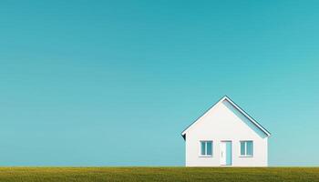 Minimalist House on Green Field with Clear Blue Background and Copyspace for Design photo