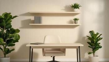 Modern Office Desk with Plants Minimalist Background Copyspace for Ideas photo