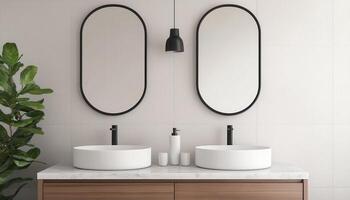 Stylish Bathroom Design with Sinks and Mirrors Modern Home Interior Decor Minimalist Style Background Copyspace photo