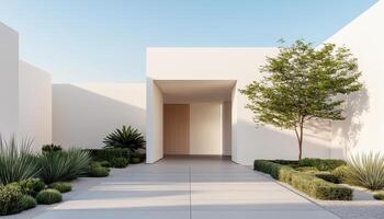 Modern Architecture Entryway Contemporary Home Minimalist Design Outdoor Space Bright Background Copyspace photo