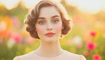 Portrait of a Young Woman in Floral Garden Background with Copyspace for Text Natural Light Environment photo