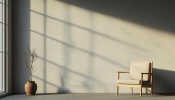 Modern Minimalist Chair in Bright Room with Soft Shadows Clean Background Copyspace photo