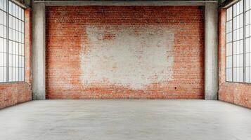Spacious Industrial Loft with Brick Background Copyspace for Design Urban Setting Wide Angle View photo