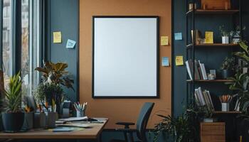 Creative Workspace with Blank Board Modern Office Background Copyspace for Ideas photo