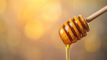 Golden Honey Dripping Close-Up Shot Warm Background Copyspace for Recipes photo