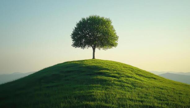 Serene Tree on Hilltop Nature Background Copyspace for Creative Use Peaceful Environment photo