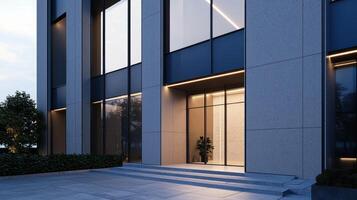 Modern Architectural Entrance Urban Office Building Exterior Design Evening Background Copyspace photo