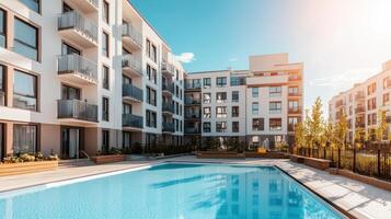 Modern Apartment Complex with Pool Urban Setting Architectural Photography Bright Background Copyspace photo