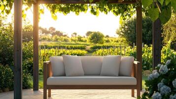 Relaxing Outdoor Sofa with Sunlit Vineyard Background Ideal Copyspace for Lifestyle Content photo
