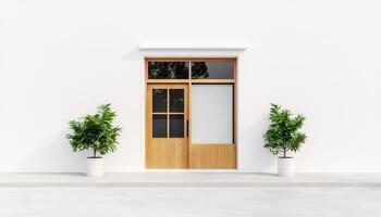 Inviting Wooden Double Doors with Plants Minimalist Background Copyspace for Creative Use photo
