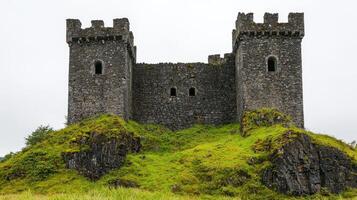 Historic Castle Ruins on Green Hill Scenic Background with Copyspace for Travel Enthusiasts photo