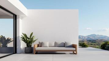 Modern Outdoor Lounge Sofa Scenic Mountain View Minimalist Design Bright Background Copyspace photo