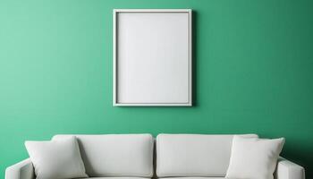 Minimalist Living Room with Blank Frame Green Wall Background Copyspace for Modern Design photo