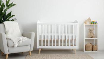 Infant Crib Setup in Bright Nursery Minimalist Design Neutral Background Copyspace for Text photo