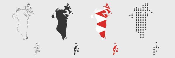 Bahrain map in various style outline, grey, flag color, dotted vector