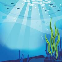 Underwater Ocean Scene. Tranquil Marine Background with Sunlight and Seaweed vector