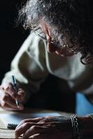 Male carpenter creating sketch in notebook in workshop photo