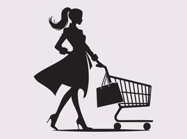Silhouette of a Woman Pushing a Shopping Trolley for Store and Market Illustrations vector