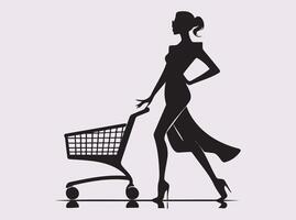 Elegant Black Silhouette of a Woman Shopping with a Trolley for Retail and Grocery Themes vector