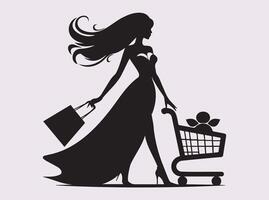 Black Silhouette of a Stylish Woman Shopping with a Trolley in a Supermarket vector