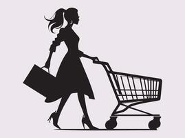 Black Silhouette of a Lady Walking with a Shopping Cart for Commercial Concepts vector