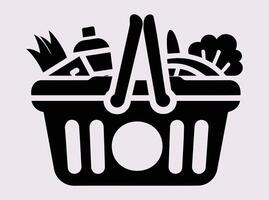 Black Silhouette of a Grocery Basket with Vegetables and Essential Items for Market and Trade vector