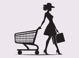 Black Silhouette of a Woman Pushing a Trolley in a Grocery Store or Mall Setting vector