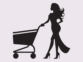 Black Silhouette of a Woman Carrying a Shopping Basket and Pushing a Trolley vector