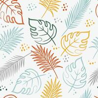 Exotic tropical leaves seamless pattern. Monstera, palm tree. Doodle brush style background. Summer hand drawn color crayon elements background. vector