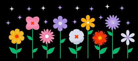 Set of modern minimalist flowers and stars on black background. Simple geometric shapes decorated with texture. vector