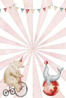 Circus card template featuring a watercolor bear on a bike and a seal balancing a ball. Illustration of childish invitation in vintage style with carnival animals. Drawing for baby shower events. vector