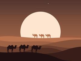 camels in the desert at sunset with a full moon vector