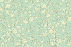 Hand-Drawn Leaf Branches Seamless Pattern with Botanical Line Art on Soft Pastel Green Background. Foliage background with outline leave in minimalist line style. Perfect for vintage wallpaper vector