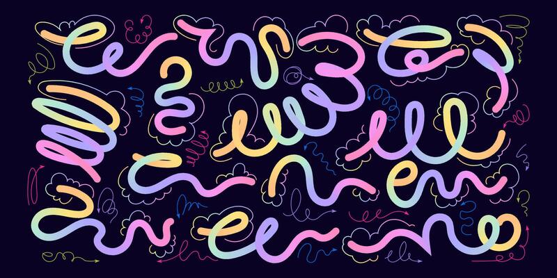 Modern Art with Hand Drawn Wavy Lines and Scribble Futuristic Sketches with Vibrant Colors. Playful geometric fluid organic shapes isolated. Trendy colorful freehand line doodles.