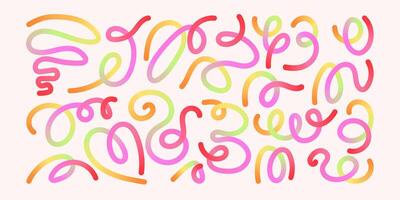 Hand Drawn Abstract Wavy Lines and Scribble Futuristic Sketches with Vibrant Summer Colors. Playful geometric fluid organic shapes isolated. Trendy colorful freehand line doodles. vector