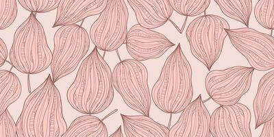Hand-Drawn Tropical Leaves Seamless Pattern with Abstract Botanical Line Art on Blush Pink Background. Foliage background with detailed textured lines and organic curves vector