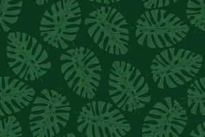 Hand-Drawn Monstera Leaf Seamless Pattern in Line Art style on Deep Green Background. Tropical foliage design with large outline leaves in a bold, minimalist style. Ideal for nature jungle wallpaper vector