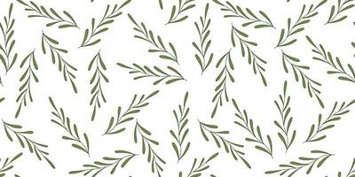 Botanical Hand-Drawn Leaf Seamless Pattern in Line Art style on White Background. Minimal foliage design with green leaves. Perfect for packaging, textile, prints vector