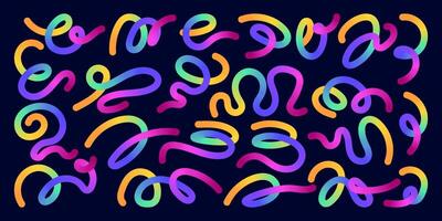 Hand Drawn Abstract Wavy Lines and Scribble Futuristic Sketches with Vibrant Colors on a Black Background. Playful geometric fluid organic shapes isolated. Trendy colorful freehand line doodles. vector