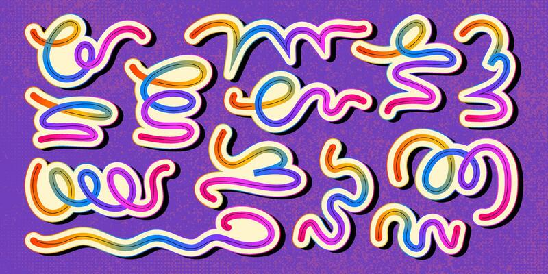 Abstract Modern Art with Hand Drawn Wavy Lines and Scribble Futuristic Sketches with Vibrant Colors. Playful geometric fluid organic shapes isolated. Trendy colorful freehand line doodles.
