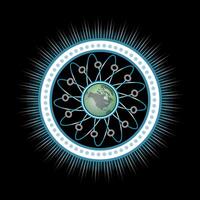 Atomic science with a glowing world network represents futuristic digital technology and global power vector