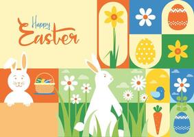 happy easter modern geometric shapes abstract background with easter bunny, easter eggs, flowers and more vector