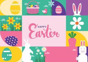 happy easter modern geometric shapes abstract background with calligraphy, easter bunny, easter eggs, flowers and more vector